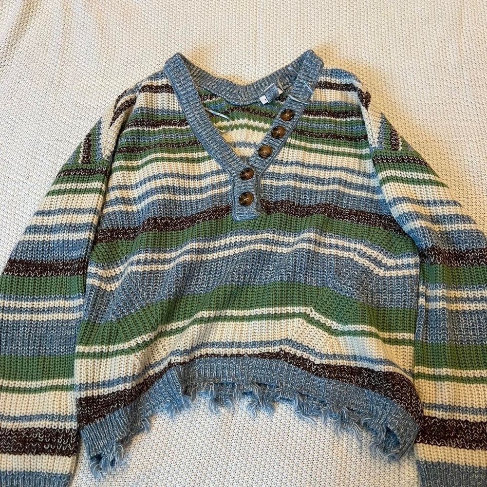 Rue21 Striped V-Neck Button Accent Sweater in Blue, Green & Cream